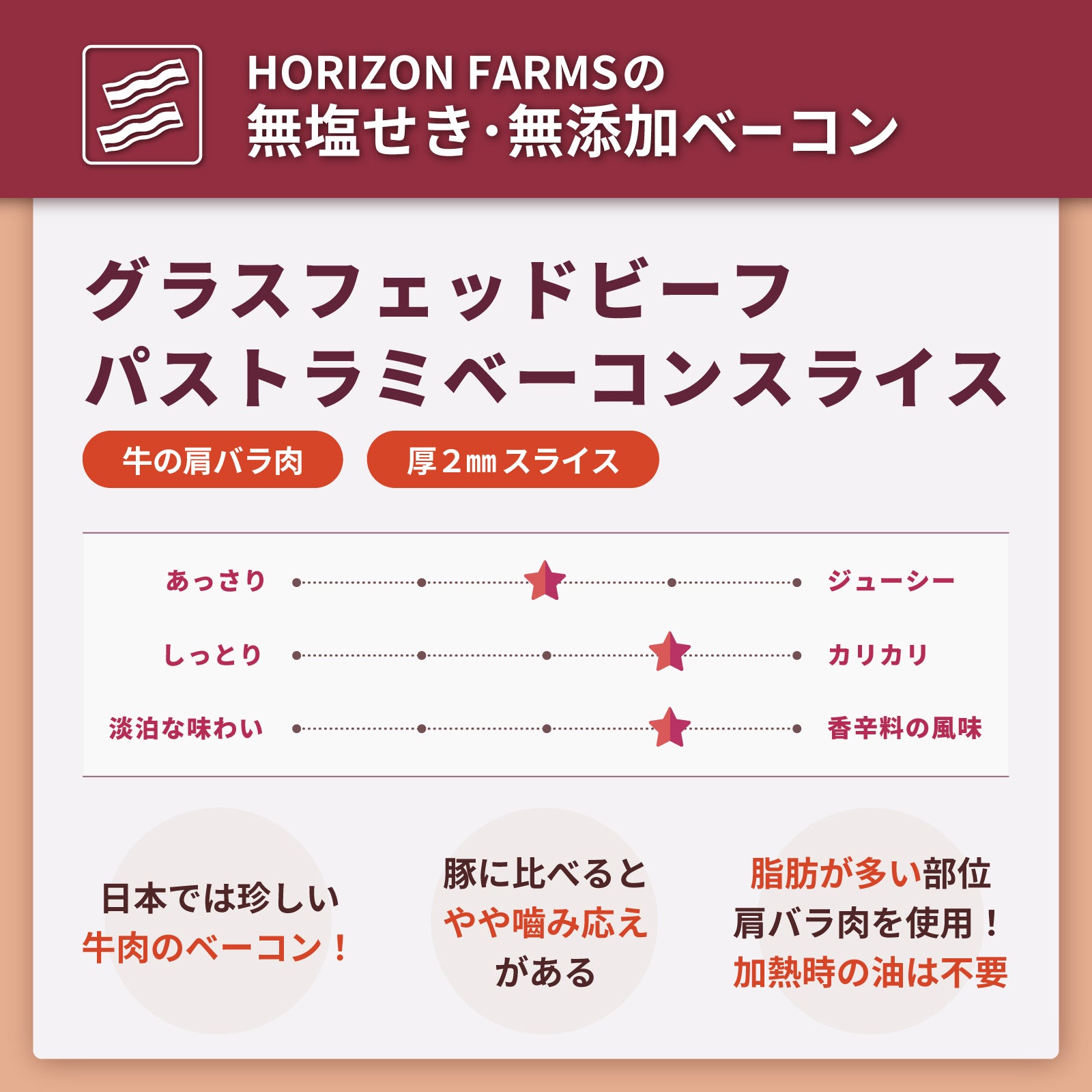 無添加・砂糖不使用 放牧 グラスフェッドビーフ 牛肉 パストラミ ビーフ ベーコン 牧草牛 (200g) ホライズンファームズ